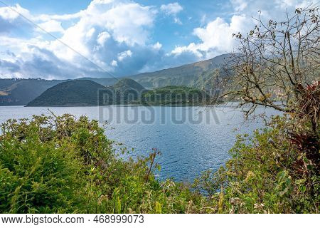 Cuicocha Crater Lake At The Foot Of Cotacachi Volcano In The Ecuadorian Andes.