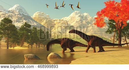 Alamosaurus Dinosaur Autumn 3d Illustration - A Flock Of Dsungaripterus Pterosaurs Fly Over Two Alam