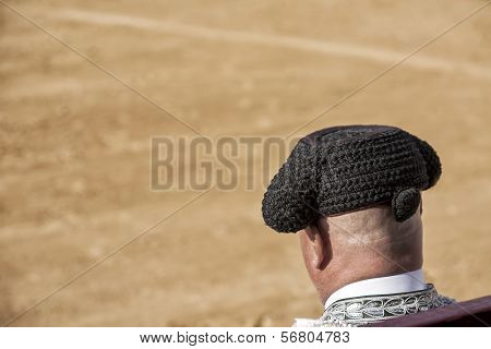 Detail Of Bullfighter Bald And Slightly Fat Looking The Bull During A Bullfight Held In Ubeda