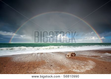 Big Beautiful Rainbow Over Ocean Waves