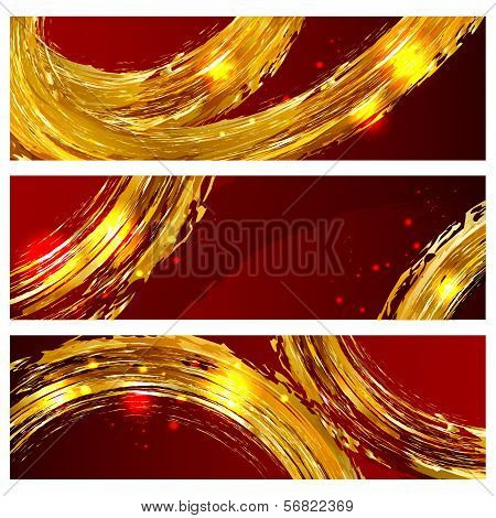 Set Of Abstract Banners With Golden Brush Strokes And Splashes On Red Background And With Flashes Of