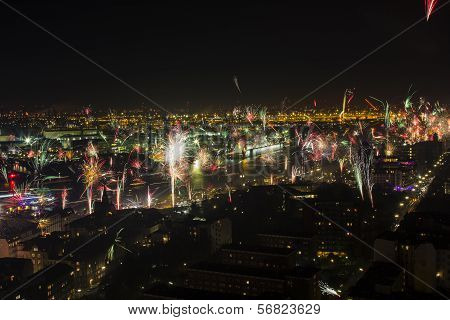 New Year's Eve Fire Works Over Port Of Hamburg