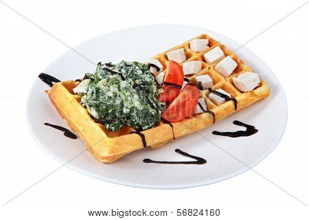Belgian Waffle With Lettuce, Cheese And Tomato Slices.