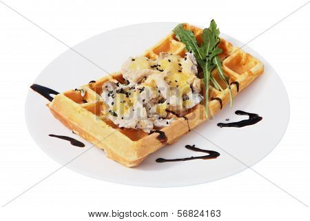 Belgian Waffle With A Salad Of Shrimp And Mushrooms.