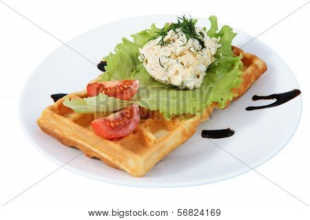 Plate With Fast Food, Belgian Waffle, Side Dish, Tomato, Lettuce.