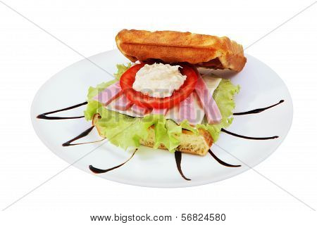 Belgian Waffles Sandwich With Melted Cheese And Ham.