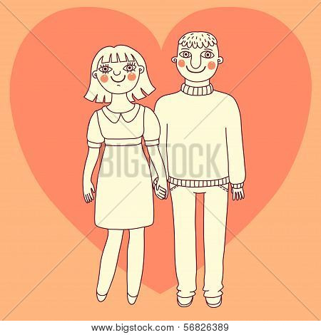 Drawn man and woman. Young couple in love.