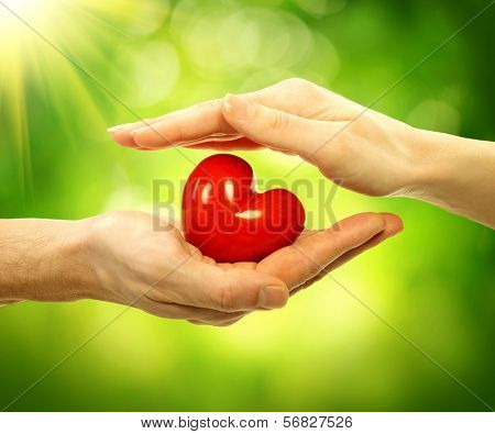 Valentine Heart in Man and Woman Hands over Nature Green Sunny Background. Love and Relationships Concept. Valentines Day Postcard Art Design. Couple Taking Red Heart 