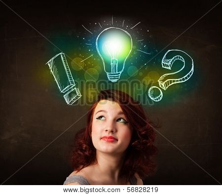 Young preety teenager with hand drawn light bulb illustration