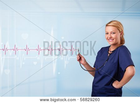 Pretty young medical doktor listening to red pulse and heart rates