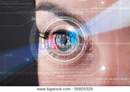 Modern cyber woman with technolgy eye looking