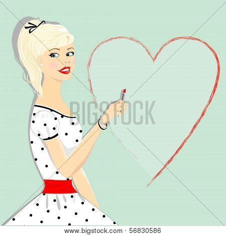 Retro beautiful girl with heart, pin-up