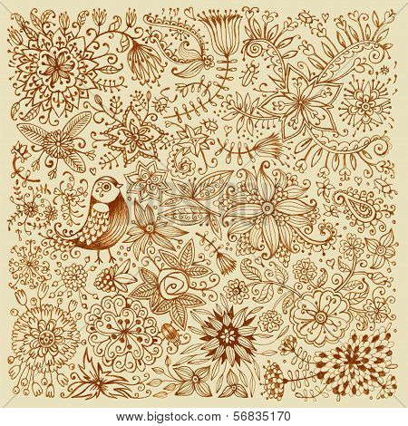 Hand drawn card with flowers and bird