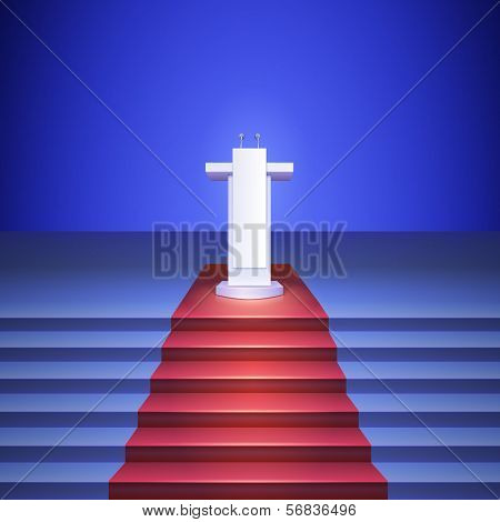 Scene with tribune and stairs covered red carpet. Place for performances