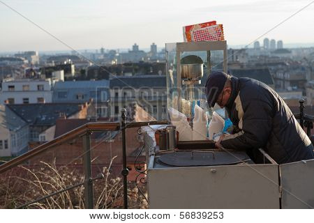ZAGREB, CROATIA - JANUARY 12, 2014: Stret vendor in Zagreb, Croatia. Selling popcorn and roasted chestnuts