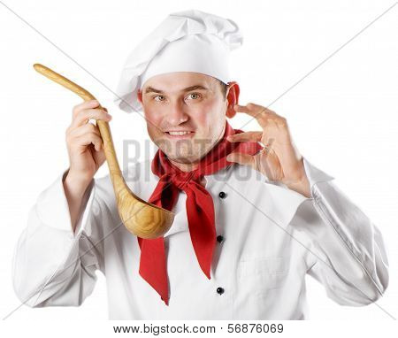 Chef Showing Spoon Isolated On White