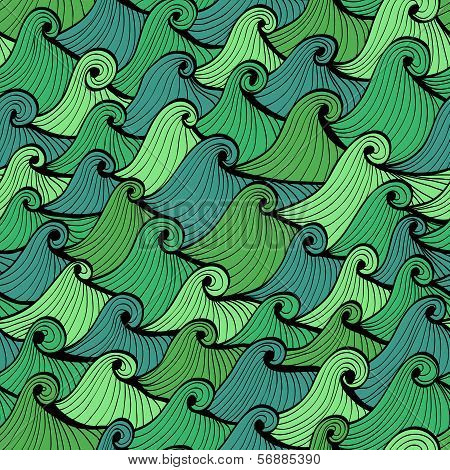 Seamless Blue And Green Hand Drawn Background With Waves. Eps10