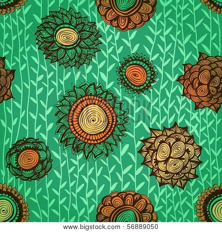 Brignt Summer Blue And Orange Seamless Background With Flowers And Plants. Eps10