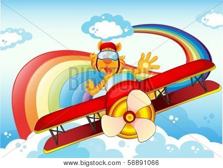 Illustration of a tiger on a plane near the rainbow