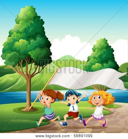 Illustration of the kids running near the riverbank while bringing an empty banner