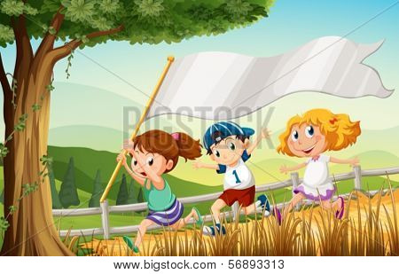 Illustration of the three kids running with an empty banner