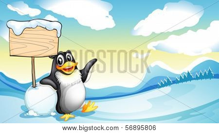 Illustration of a penguin beside the empty wooden board