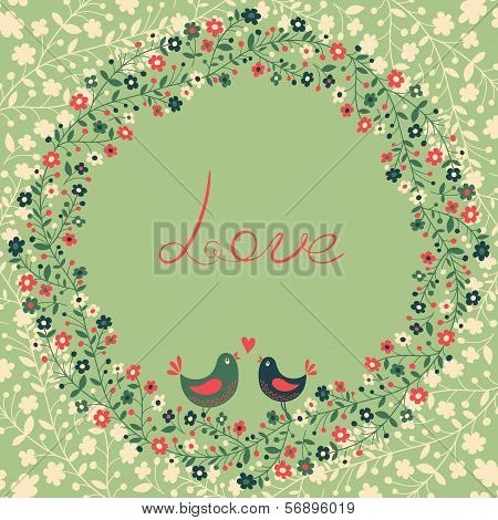 Beautiful greeting card with flowers and birds