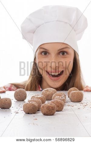 dough balls and woman chef cook