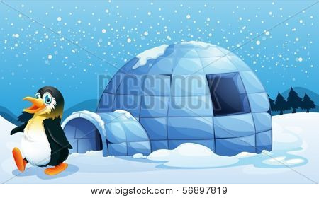 Illustration of a penguin near the igloo
