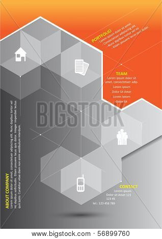 Vector abstract orange background with 3D gray cubes and corporate presentation icons and place for content. 