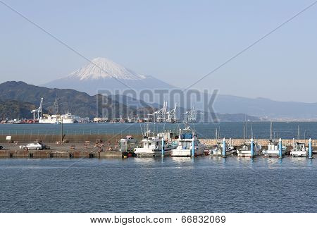 Motorboats At Shimizu Port With Mt. Fuji In Background