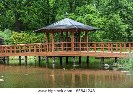 Red Bridge With A View Pavilion, Yumedono Bashi, In Japanese Garden