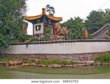 Oil Painting Stylized Photo Of Chinese Pond And Pavilions
