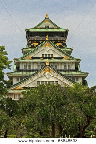The Main Keep Of Osaka Castle In Osaka, Japan, Oil Paint Stylization