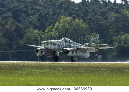 BERLIN, GERMANY - MAY 21, 2014: The aircraft Messerschmitt Me 262 (Germany) demonstration during the International Aerospace Exhibition ILA Berlin Air Show-2014.