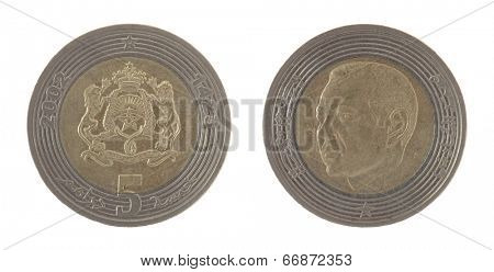 Moroccan dirham coins depicting King Mohammed VI of Morocco. Obverse and reverse isolated on white.