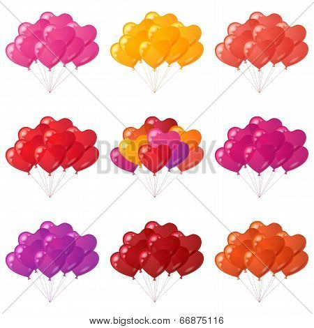 Balloons hearts bunches, set