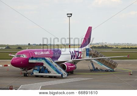 BUDAPEST, HUNGARY - MAY 5: Wizzair airliner at Budapest Liszt Ferenc Airport, May 5th 2012. Wizzair is a rapidly growing low-cost carrier based in Hungary.