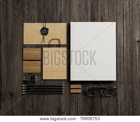 Stationery Elements On Wood Background