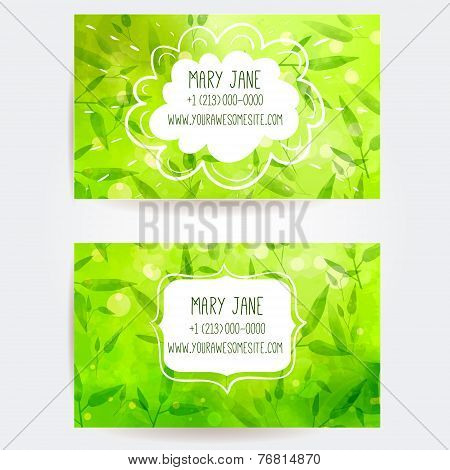 Set of two creative business card templates with artistic vector design. Green background with bambo