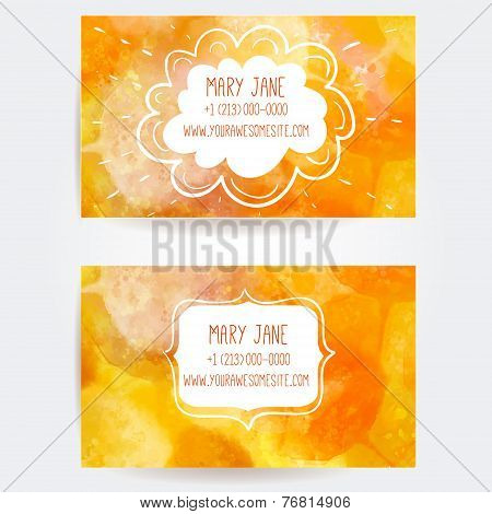 Set of two creative business card templates with artistic vector design. Yellow autumn background wi