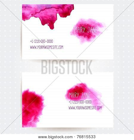 Set of two creative business card templates with artistic vector design. Abstract pink watercolor sp