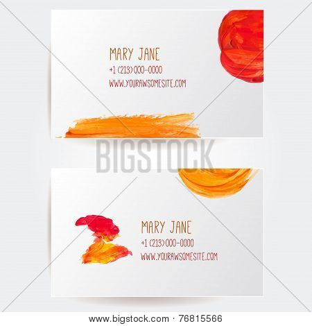 Set of two creative business card templates with artistic vector design. Orange and red abstract pai