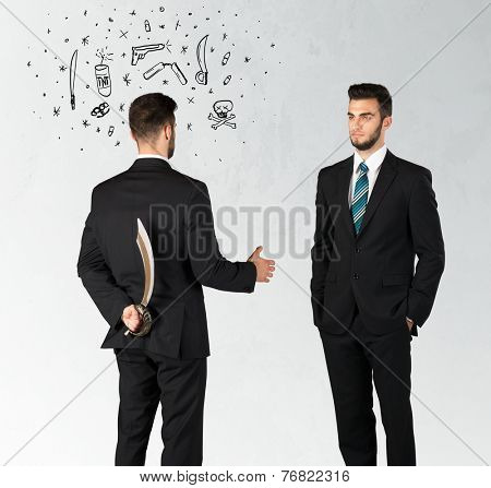 Ruthless businessman handshake with hiding a weapon and weapon symbols around his head
