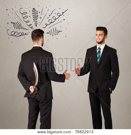 Ruthless businessman handshake with a hiding weapon and drawn curly lines around his head 
