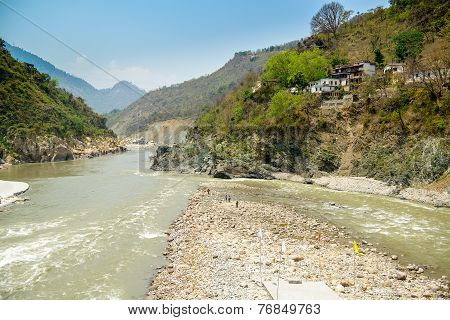 Holy Ganges river flows in a valley, India