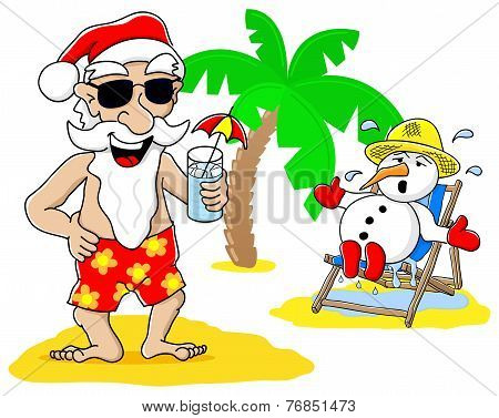 Santa Claus And Snowman At Christmas On Vacation At The Beach