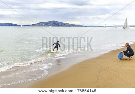 Skimboarding In San Francisco Bay, California