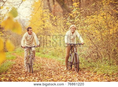Active seniors ridding bike and having fun