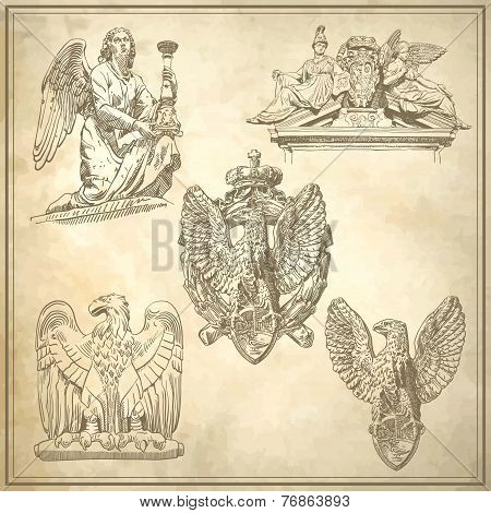 set of sketch drawing winged element angel and eagle